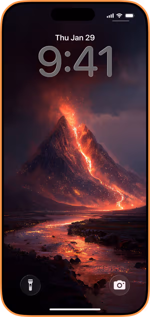 Wallpaper preview on iPhone 17 Pro Max running iOS 26 - molten night volcano