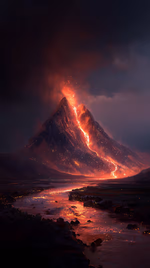 Cinematic volcano eruption on a red orange night background with molten lava and glowing river reflections ultra HD wallpaper.