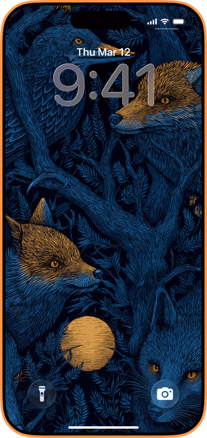 Wallpaper preview on iPhone 17 Pro Max running iOS 26 - Moonlit Fox Grove