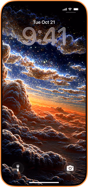 Wallpaper preview on iPhone 17 Pro Max running iOS 26 - cosmic cloudscape