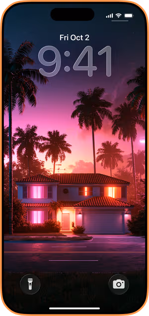 Wallpaper preview on iPhone 17 Pro Max running iOS 26 - Neon Palm House