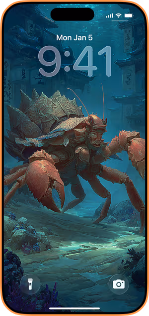 Wallpaper preview on iPhone 17 Pro Max running iOS 26 - Armored Crab Guardian