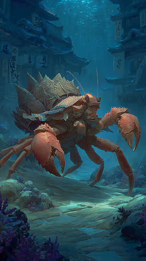 Cinematic fantasy armored crab guardian centered on a teal background with sunken temple details ultra HD 8K wallpaper