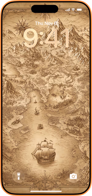 Wallpaper preview on iPhone 17 Pro Max running iOS 26 - Parchment Treasure Map