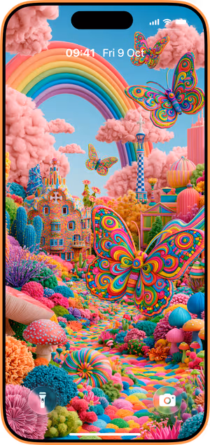 Wallpaper preview on iPhone 17 Pro Max running iOS 26 - Psychedelic Rainbow Garden