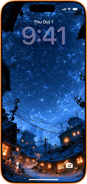 Wallpaper preview on iPhone 17 Pro Max running iOS 26 - Cyberpunk Winter Village