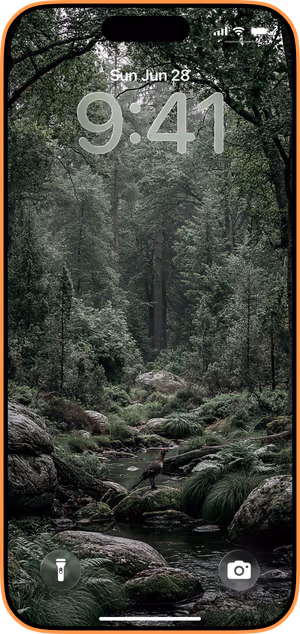 Wallpaper preview on iPhone 17 Pro Max running iOS 26 - Mossy Forest Stream