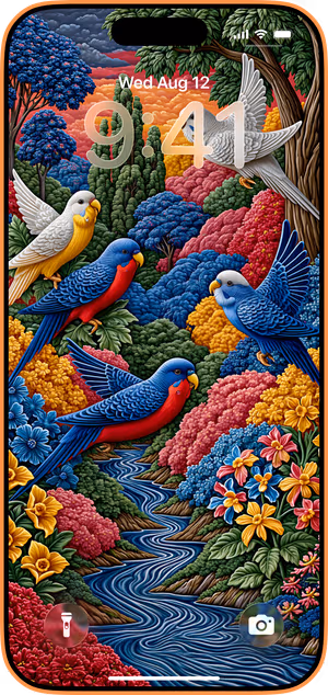 Wallpaper preview on iPhone 17 Pro Max running iOS 26 - Colorful Parrot Garden