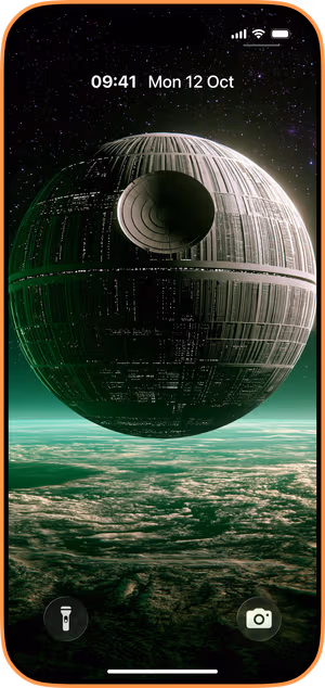 Wallpaper preview on iPhone 17 Pro Max running iOS 26 - Emerald Orbital Sphere