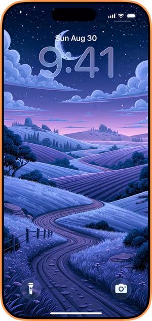 Wallpaper preview on iPhone 17 Pro Max running iOS 26 - Moonlit Purple Countryside