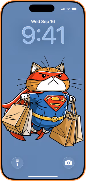 Wallpaper preview on iPhone 17 Pro Max running iOS 26 - Superhero Shopping Cat