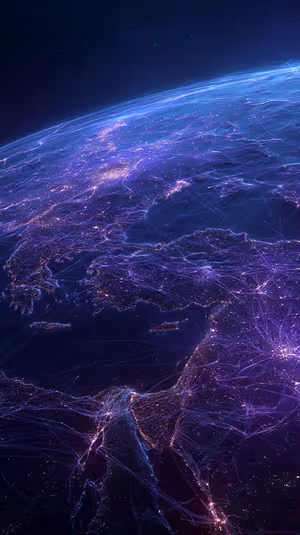 Neon cyber Earth at night centered on a purple blue background with glowing city lights and network lines, ultra HD 8K.