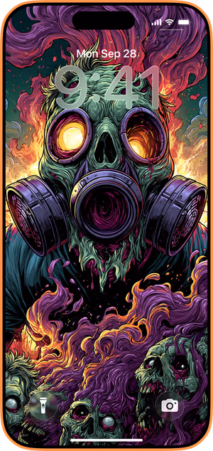 Wallpaper preview on iPhone 17 Pro Max running iOS 26 - Purple Gas Mask Zombie
