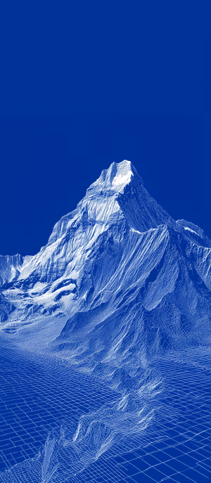 Blueprint wireframe mountain centered on a deep blue background with crisp white contour lines ultra HD 8K background.