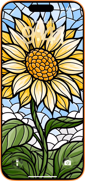 Wallpaper preview on iPhone 17 Pro Max running iOS 26 - Stained Glass Sunflower
