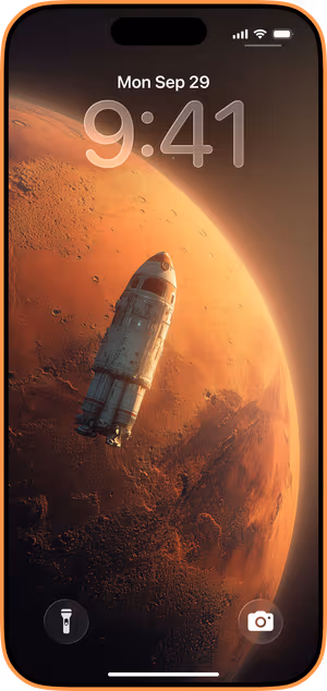 Wallpaper preview on iPhone 17 Pro Max running iOS 26 - Mars Orbital Rocket