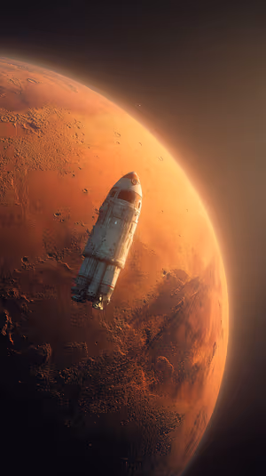 Cinematic Mars rocket over red orange Martian plains with crater rims and warm orbital glow ultra HD 8K.