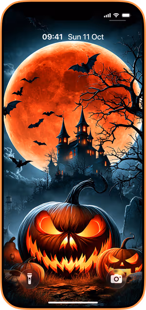 Wallpaper preview on iPhone 17 Pro Max running iOS 26 - Gothic Pumpkin Castle