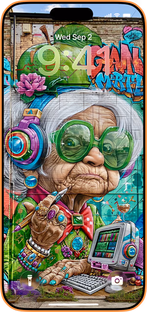 Wallpaper preview on iPhone 17 Pro Max running iOS 26 - Neon Street Art Granny