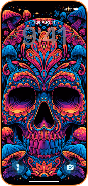 Wallpaper preview on iPhone 17 Pro Max running iOS 26 - Neon Psychedelic Sugar Skull