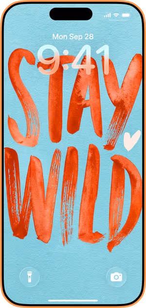 Wallpaper preview on iPhone 17 Pro Max running iOS 26 - Coral Stay Wild Brush Lettering