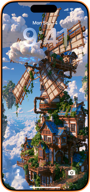 Wallpaper preview on iPhone 17 Pro Max running iOS 26 - Skybound Steampunk Windmill