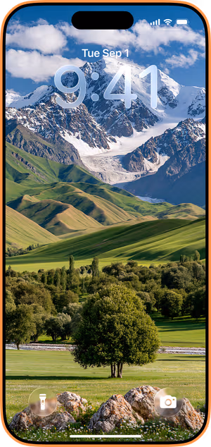 Wallpaper preview on iPhone 17 Pro Max running iOS 26 - Snowy Mountain Valley