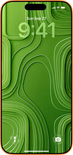 Wallpaper preview on iPhone 17 Pro Max running iOS 26 - Green Contour Lines