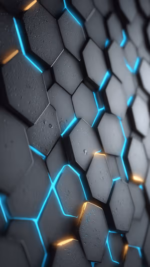 3D futuristic hexagon grid centered on a dark blue orange background in a neon tech aesthetic, ultra HD