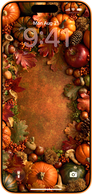 Wallpaper preview on iPhone 17 Pro Max running iOS 26 - Rustic Autumn Harvest