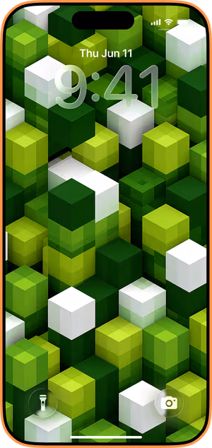 Wallpaper preview on iPhone 17 Pro Max running iOS 26 - Verdant Voxel Grid