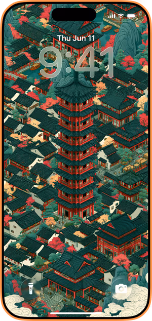 Wallpaper preview on iPhone 17 Pro Max running iOS 26 - Red Pagoda City
