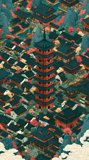 Isometric pagoda city on teal and red palette in a traditional Asian illustrative aesthetic, ultra HD image.