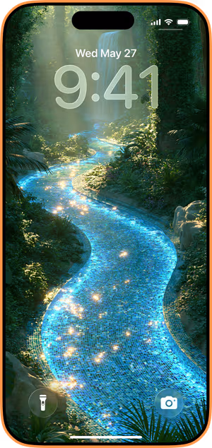 Wallpaper preview on iPhone 17 Pro Max running iOS 26 - Enchanted Mosaic Stream