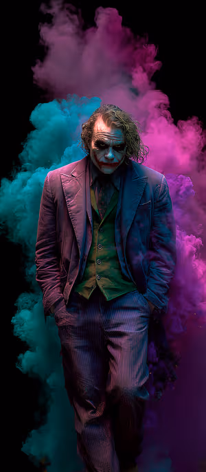Stylized neon Joker centered on a black background with swirling purple and teal smoke ultra HD 8K lock screen image.