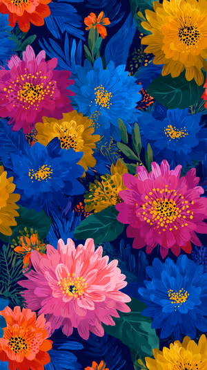 Illustrative botanical floral close up on a deep blue background in vibrant jewel tone aesthetic, ultra HD image.