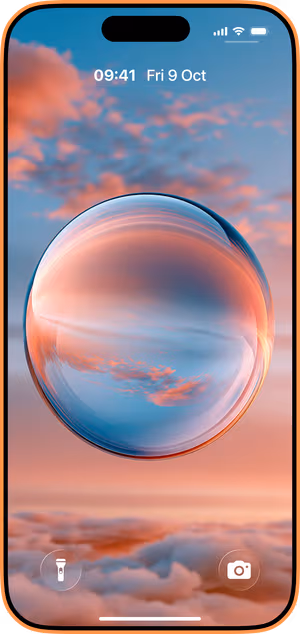 Wallpaper preview on iPhone 17 Pro Max running iOS 26 - Surreal Coral Sky Sphere