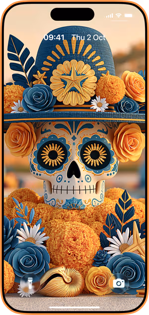 Wallpaper preview on iPhone 17 Pro Max running iOS 26 - Blue Floral Sugar Skull