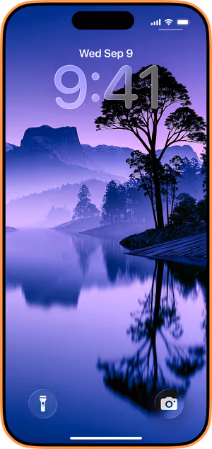 Wallpaper preview on iPhone 17 Pro Max running iOS 26 - Violet Mountain Lake