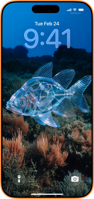 Wallpaper preview on iPhone 17 Pro Max running iOS 26 - Crystal Reef Fish