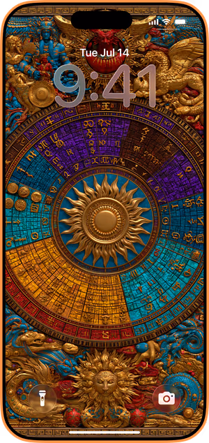 Wallpaper preview on iPhone 17 Pro Max running iOS 26 - Regal Zodiac Mandala