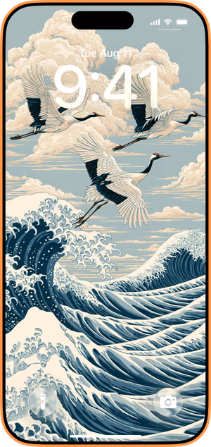 Wallpaper preview on iPhone 17 Pro Max running iOS 26 - Woodblock Cranes Ocean Waves