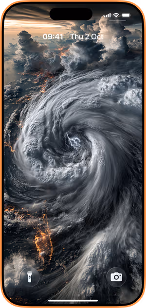 Wallpaper preview on iPhone 17 Pro Max running iOS 26 - Dramatic Hurricane Earth View