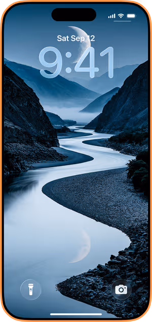 Wallpaper preview on iPhone 17 Pro Max running iOS 26 - Moonlit Mountain River