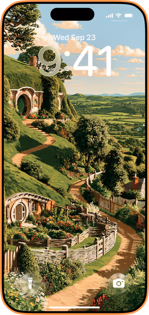 Wallpaper preview on iPhone 17 Pro Max running iOS 26 - Storybook Hobbit Hills