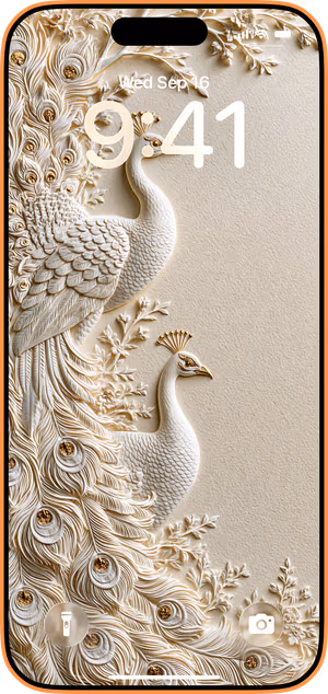 Wallpaper preview on iPhone 17 Pro Max running iOS 26 - Ivory Peacock Relief