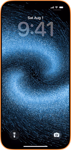 Wallpaper preview on iPhone 17 Pro Max running iOS 26 - Blue Particle Swirl