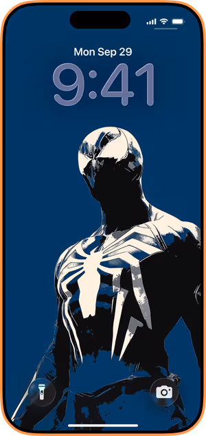 Wallpaper preview on iPhone 17 Pro Max running iOS 26 - Spider Suit Silhouette