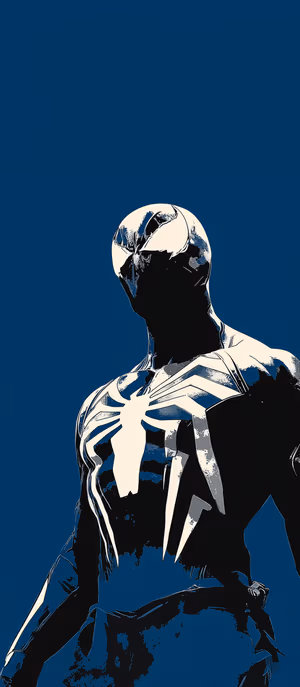 Minimalist comic spider suit silhouette centered on deep blue background in high contrast noir aesthetic, ultra HD mobile image.