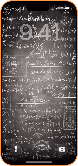 Wallpaper preview on iPhone 17 Pro Max running iOS 26 - Chalkboard Equations